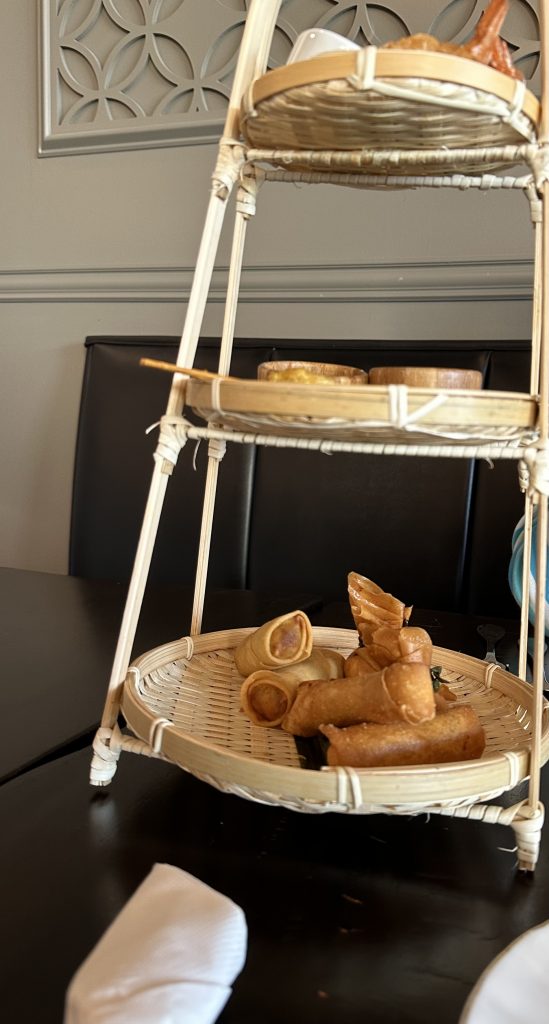 Appetizer combo. Includes cream cheese, cheddar, and peanut sauce.